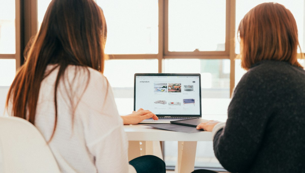 Duas profissionais em reunião diante do notebook